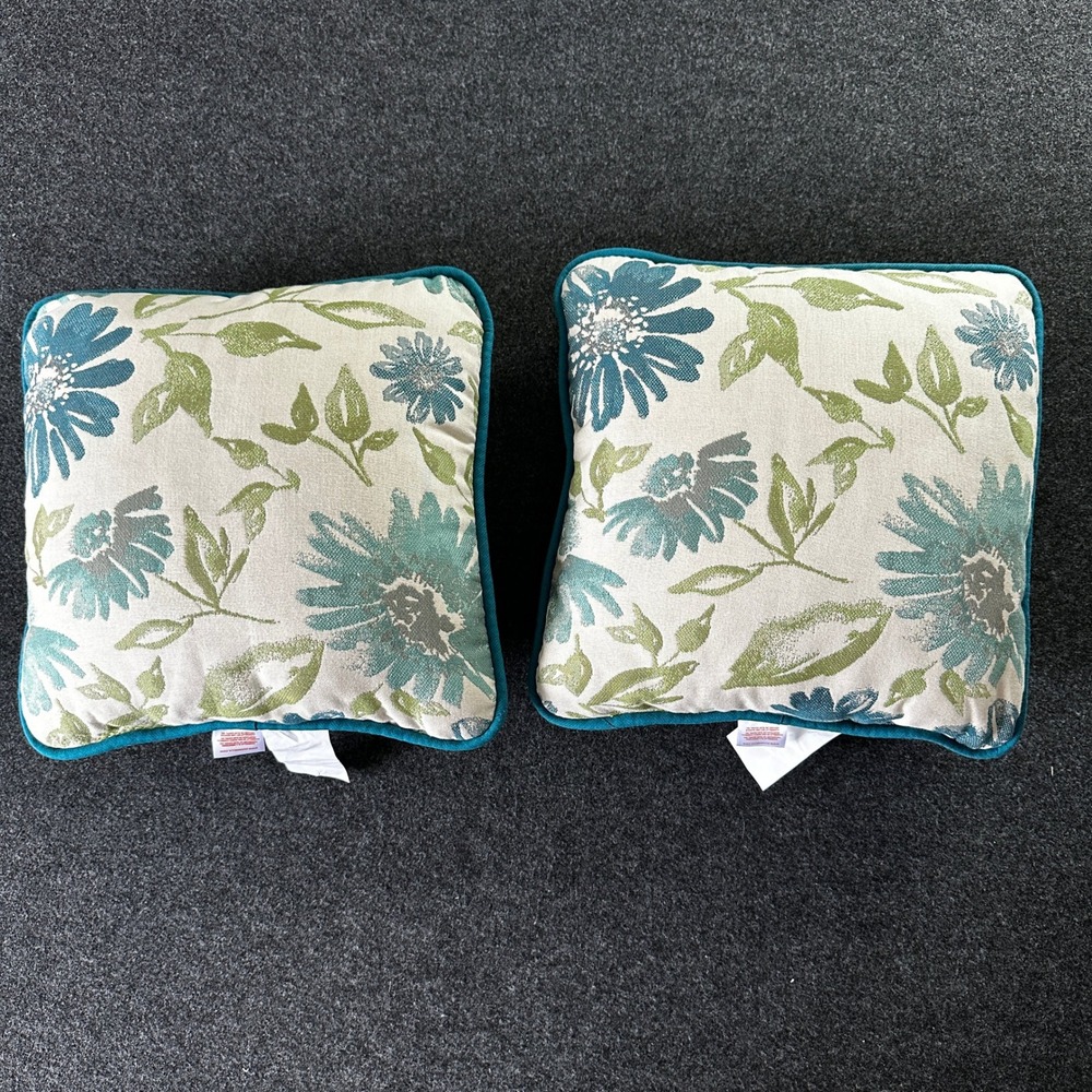 Sunbrella Floral Outdoor Pillows Set of 2 Teal Green Reversible 15in Square